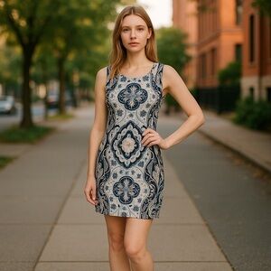 Charter Club Bodycon Elegant Blue and White Patterned Dress